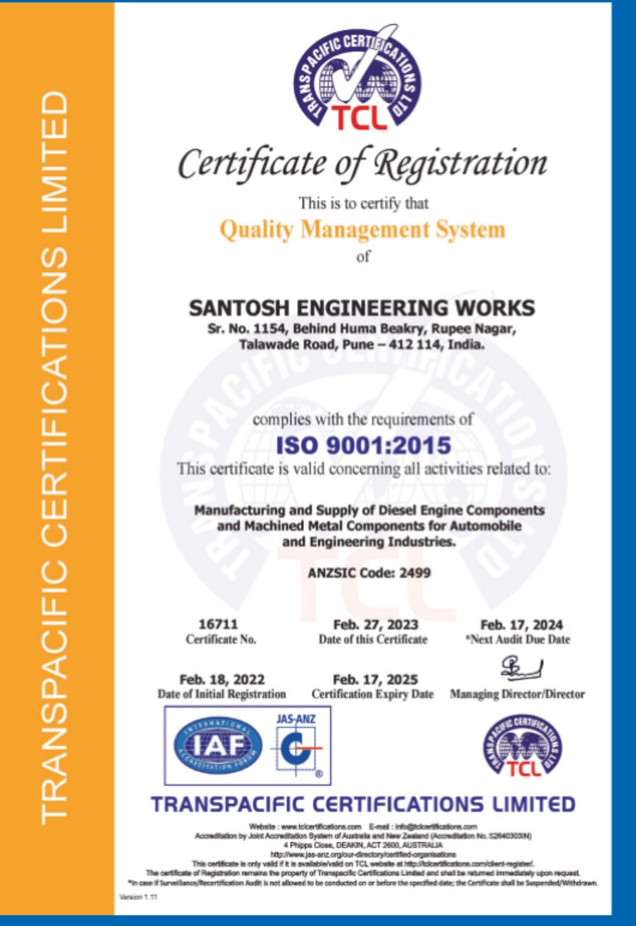 ISO 9001:2015 Certificate of Registration No. 16711 issued to Santosh Engineering Works by Transpacific Certifications Limited